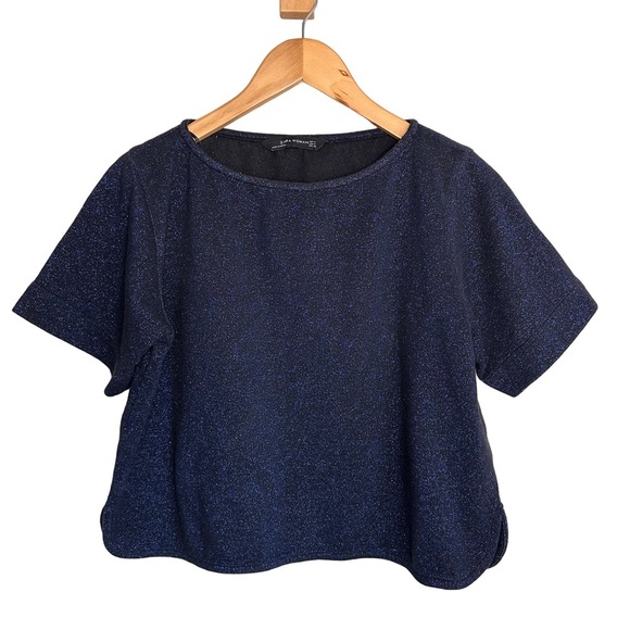 ZARA WOMAN Navy Metallic Short Sleeve Top | Minimalist Office Chic Party Wear - Picture 1 of 4